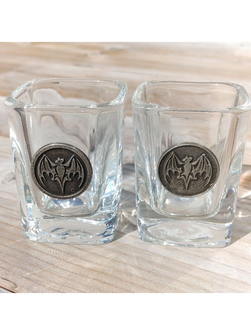 Attractive BACARDI Shot Glasses PAIR Pewter Logo Rounded Square Glasses